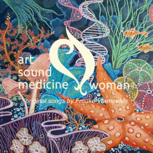 Acrylic on canvas of a fantasy underwater world with bright colors on a dark blue background